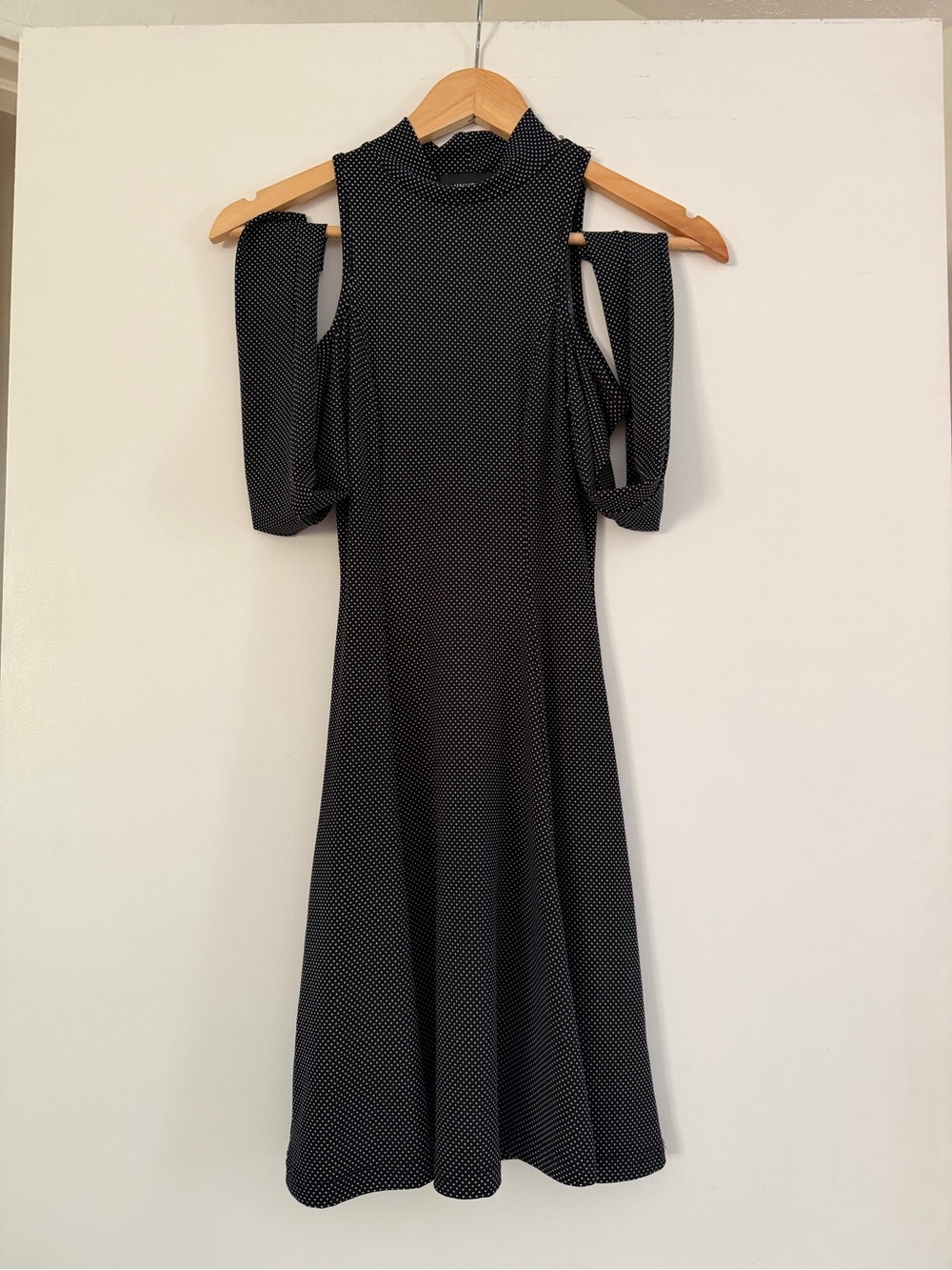MINKPINK Black Mini Dress with White Polka Dots and Cold-Shoulder Detail